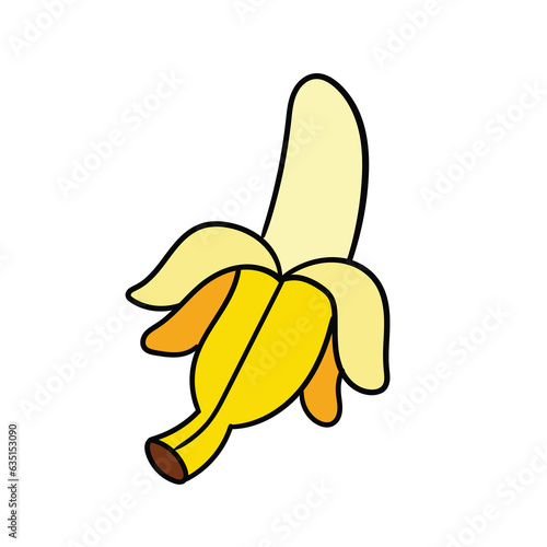 A hand-drawn cartoon yellow banana on a white background. The concept of healthy food.
