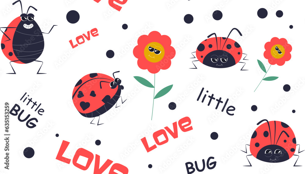 Cute ladybug character. Seamless background. Cartoon little ladybug ...