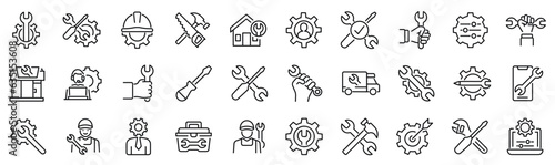 Set of 30 outline icons related to repair, maintenance. Linear icon collection. Editable stroke. Vector illustration