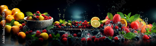 Healthy food diet freshness concept. Fresh multi fruits splashing clean water. Isolated dark background AI generated. © Czintos Ödön