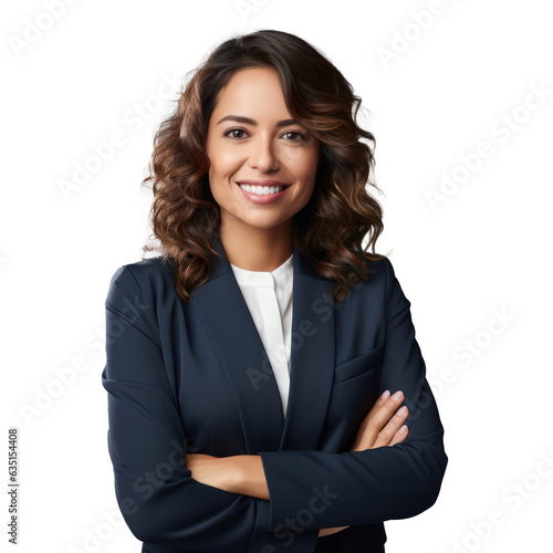 Business woman portrait isolated on white transparent background, businesswoman in suit, crossed arms, PNG photo