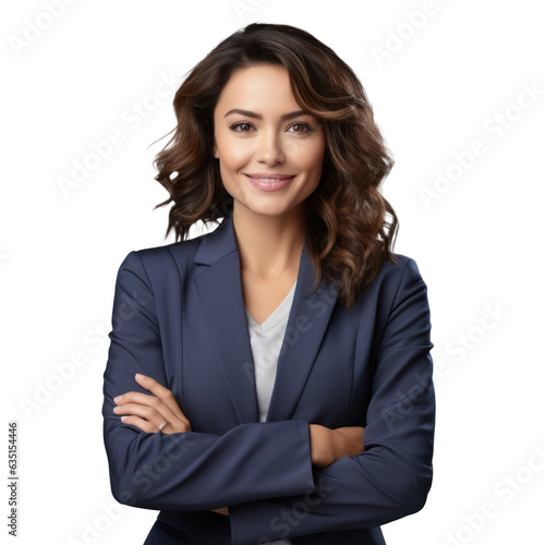 Business woman portrait isolated on white transparent background, businesswoman in suit, crossed arms, PNG