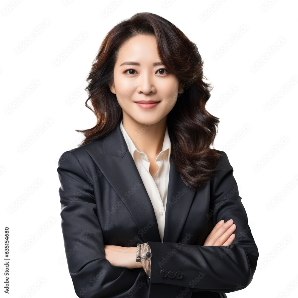 Business woman portrait isolated on white transparent background, Asian businesswoman in suit, crossed arms, PNG Business woman portrait isolated on white transparent background, Asian businesswoman in suit, crossed arms, PNG