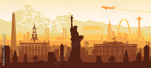 USA famous landmarks silhouette style with yellow and white color,vector illustration
