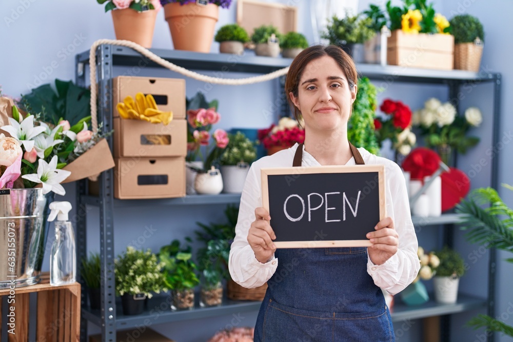 Brunette woman working at florist holding open sign relaxed with serious expression on face. simple and natural looking at the camera. Brunette woman working at florist holding open sign relaxed with serious expression on face. simple and natural looking at the camera.