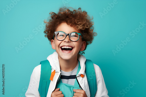 Happy school boy in glasses with backpack on plain color background. Elementary school. Education. Generative AI