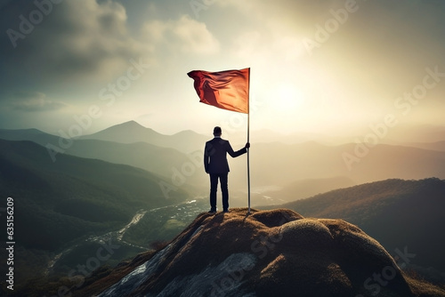 Businessman raising a flag on top of a mountain.
