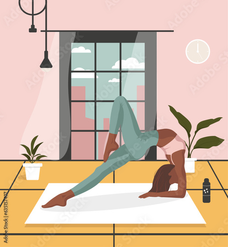 A beautiful black girl doing sport, yoga, stretching in room with pink wall, flowers, clock, lamp on white mat in faceless for posters, banners, webs
