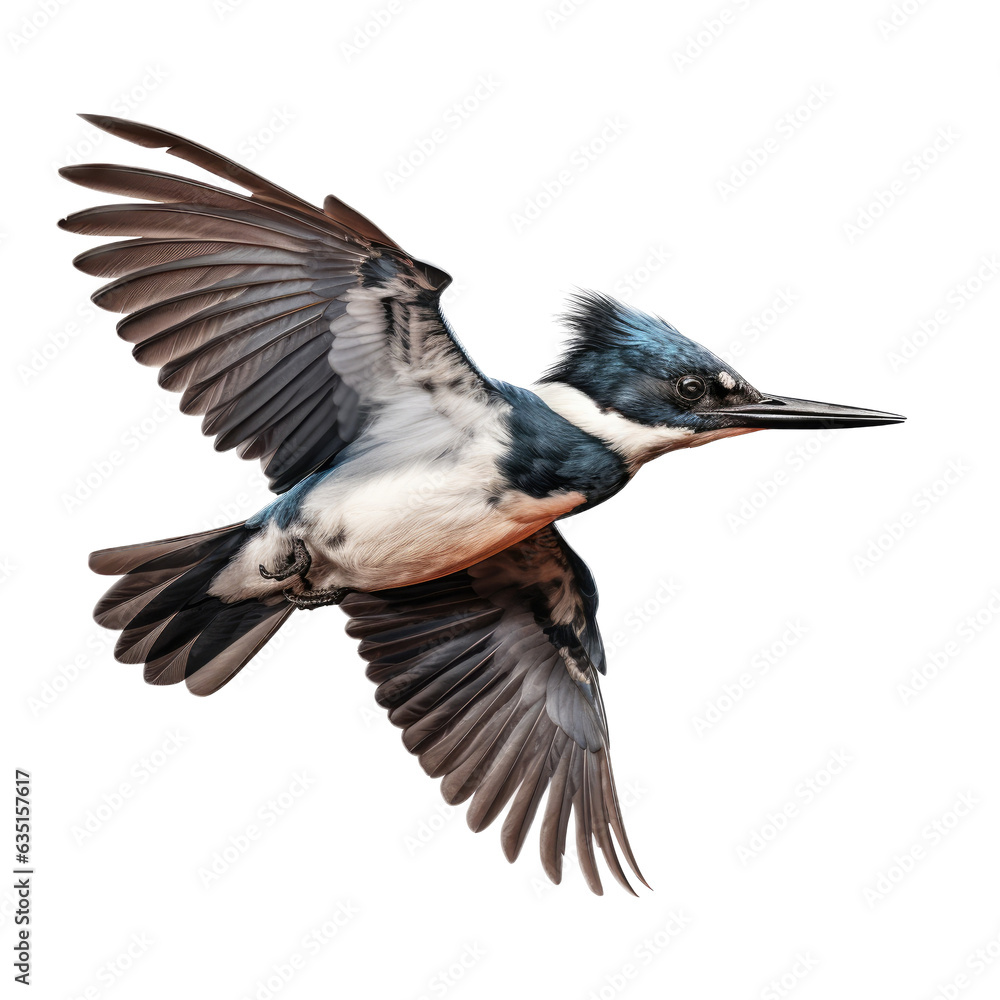 Fototapeta premium a belted kingfisher (Megaceryie alcyon) in flight, side view in a Nature-themed, photorealistic illustration in a PNG, cutout, and isolated. Generative AI
