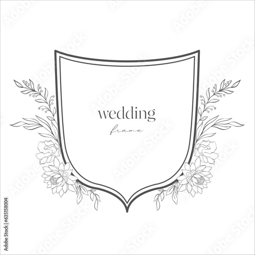Wedding Crest with Flowers. Line Art Illustration.