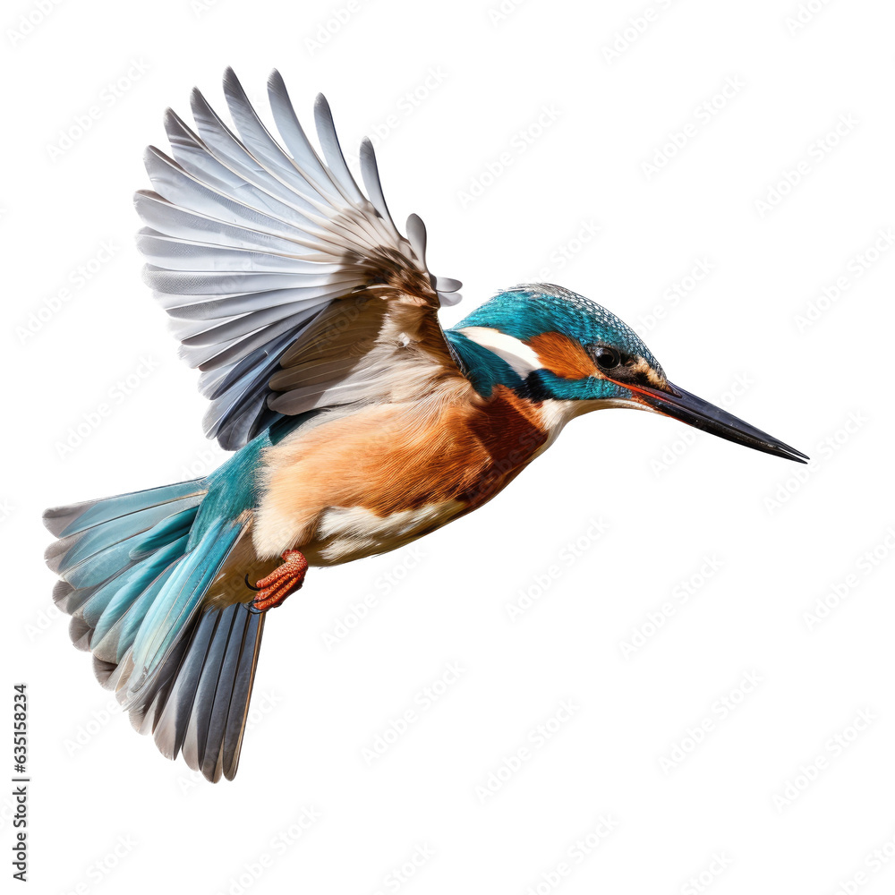 a common Kingfisher in flight, side view, facing right in a Nature-themed, photorealistic illustration in a PNG, cutout, and isolated. generative ai a common Kingfisher in flight, side view, facing right in a Nature-themed, photorealistic illustration in a PNG, cutout, and isolated. generative ai