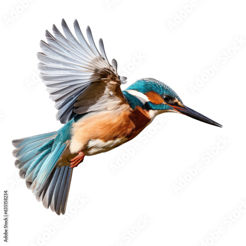 a common Kingfisher in flight, side view, facing right in a Nature-themed, photorealistic illustration in a PNG, cutout, and isolated. generative ai