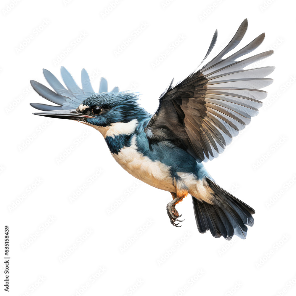 Fototapeta premium a belted kingfisher (Megaceryie alcyon) in flight, side view in a Nature-themed, photorealistic illustration in a PNG, cutout, and isolated. Generative AI