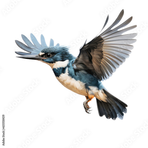 a belted kingfisher (Megaceryie alcyon) in flight, side view in a Nature-themed, photorealistic illustration in a PNG, cutout, and isolated. Generative AI