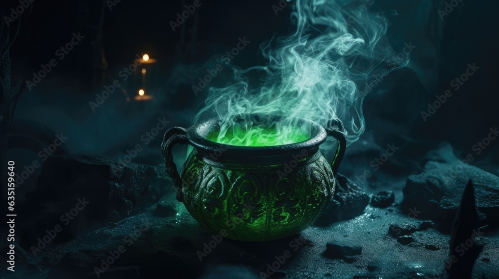 Cauldron with green glowing potion isolated on a dark foggy background Cauldron with green glowing potion isolated on a dark foggy background