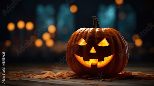 Carved pumpkin with a glowing face isolated on a dark bokeh background