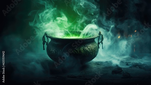Fényképezés Cauldron with green glowing potion isolated on a dark foggy background