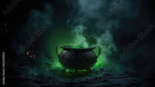 Fotografiet Cauldron with green glowing potion isolated on a dark foggy background