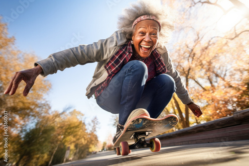 Happy afro american 70 years old riding on a skateboard. Having some fun with her skateboard. 