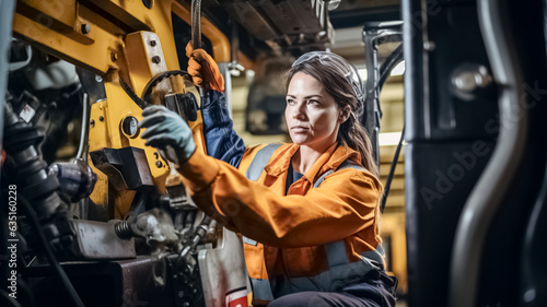 Confident woman engineer in uniform helmet inspection check control heavy machine robot arm construction installation in industrial factory.

 photo