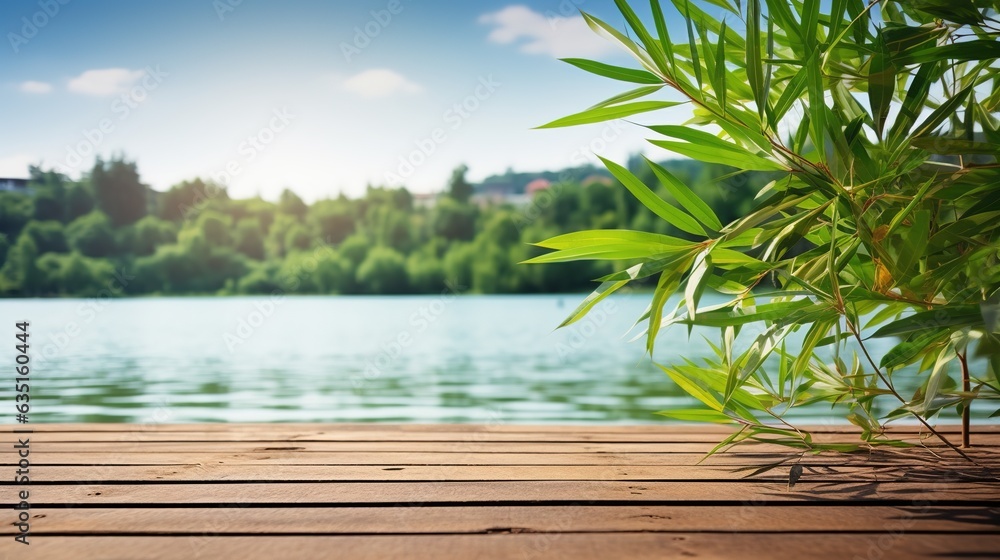 wooden table over the lake background and space wooden table over the lake background and space