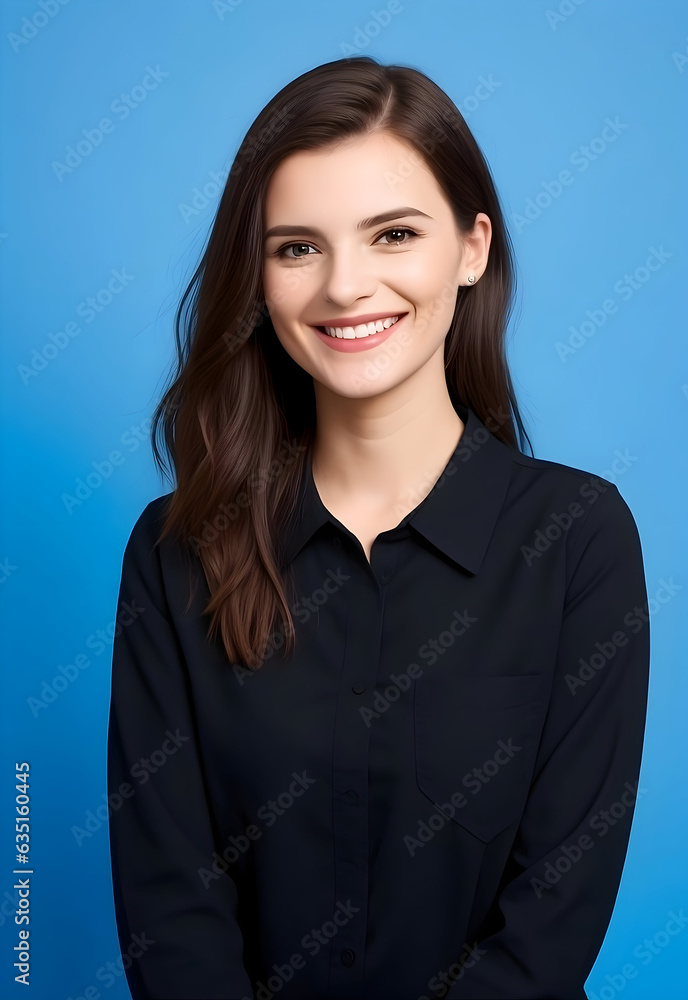 Young uk, britain, european, american, australian, canadian office woman smiling portrait, wearing black shirt in blue background. casual dressy outfits Young uk, britain, european, american, australian, canadian office woman smiling portrait, wearing black shirt in blue background. casual dressy outfits