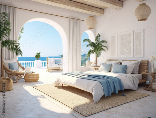 Illustration of a modern Mediterranean bedroom. created with Generative AI technology.