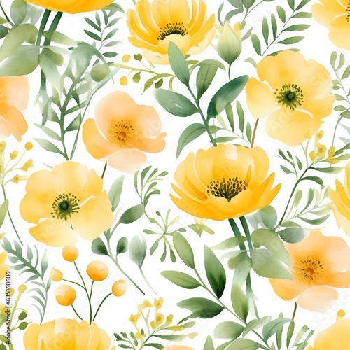 Seamless Watercolor Patterns of Yellow Flowers and Green Leaves  Delicate Floral Background