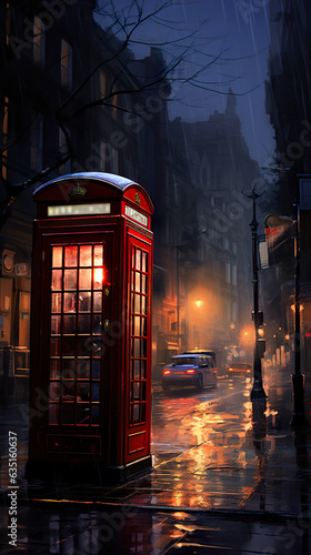 classical english red telephone cab, night street, generative ai