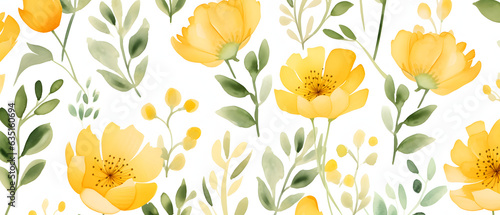 Seamless Watercolor Patterns of Yellow Flowers and Green Leaves, Delicate Floral Background