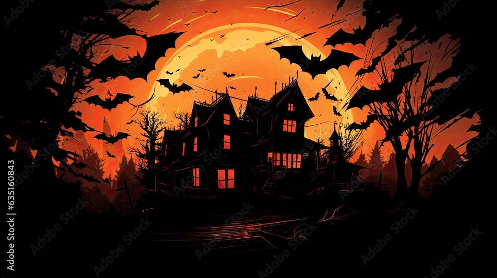 a horizontal layout of a Haunted house at sunset with bats flying around in Halloween-themed JPG format. generative ai
