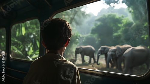 Boy watching elephants from a safari vehicle.