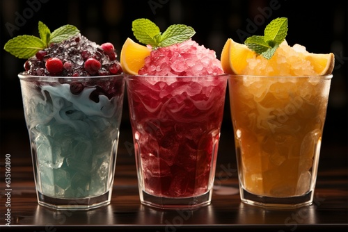 Vibrant icy fruit slush, chilled in cups Colorful refreshment, frozen delight Generative AI