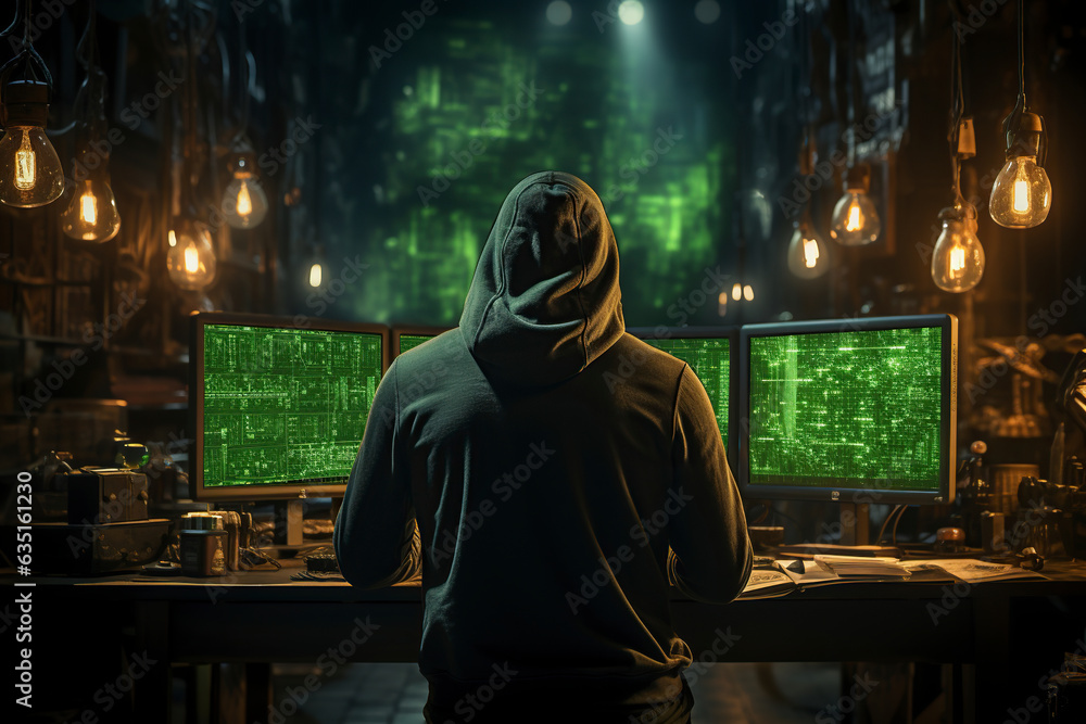 A hacker in a hoodie sits at a computer and looks at a screen with green symbols. Concept of cyber security. Protection of information data. A hacker in a hoodie sits at a computer and looks at a screen with green symbols. Concept of cyber security. Protection of information data.