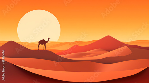 Camel Walking On The Sand Dunes In The Desert At Sunset. Landscape. Illustration  Cartoon. Ai Generated 