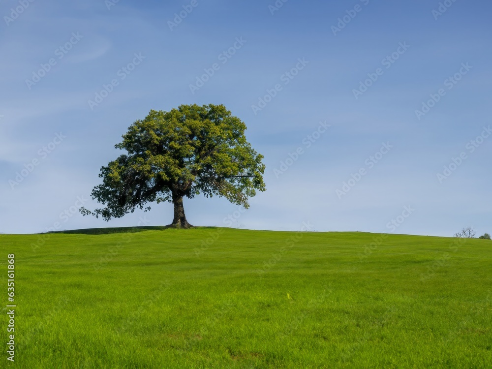 solitary tree on rolling green hills