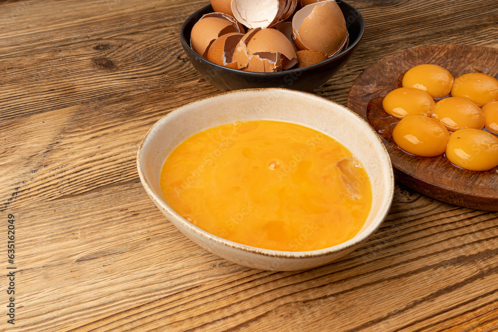 Beaten Egg Yolks in Bowl, Fresh Chicken Eggs for Cooking Beaten Egg Yolks in Bowl, Fresh Chicken Eggs for Cooking