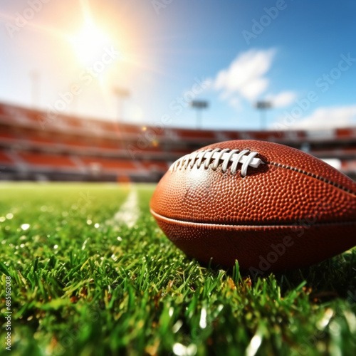 close up of American football pigskin on the grass field with blurred empty Stadium ranks in the background