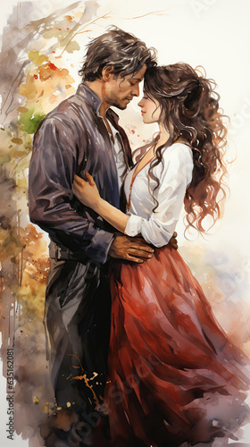 Love romantic couple painted in watercolor, cover for romance novel. Man and woman hug each other.