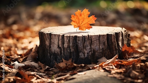 In autumn, a natural product display on an empty tree stump beneath a fall leaf tree branch, with a magnificent nature background outdoors.. generative ai