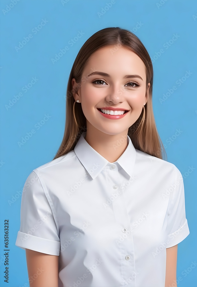 Young uk, britain, european, american, australian, canadian office woman smiling portrait, wearing white shirt in blue background. casual dressy outfits Young uk, britain, european, american, australian, canadian office woman smiling portrait, wearing white shirt in blue background. casual dressy outfits