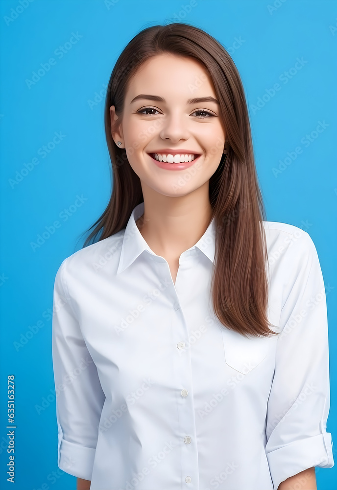 Young uk, britain, european, american, australian, canadian office woman smiling portrait, wearing white shirt in blue background. casual dressy outfits