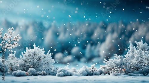 Winter background in shades of blue with snow, snowflakes, snow-covered tree branches and red berries. copy space. © NS