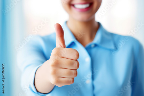Close up of a business woman with blue shirt smiling with a thumb up. 