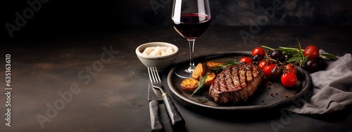 dinner for two with steaks and red wine, copy space.