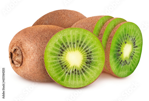 Kiwi on an isolated white background. Whole and sliced