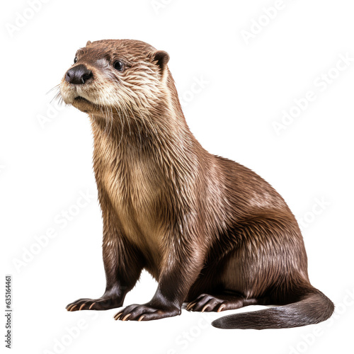 a river otter (Lontra canadensis), sitting, 3/4 view in a Nature-themed, photorealistic illustration in a PNG, cutout, and isolated.