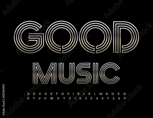 Vector metallic sign Good Music. Elegant Silver Font. Trendy Alphabet Letters and Numbers set