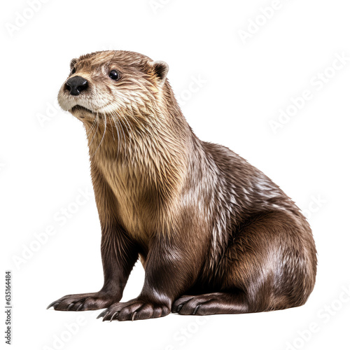 a river otter (Lontra canadensis), sitting, 3/4 view in a Nature-themed, photorealistic illustration in a PNG, cutout, and isolated.