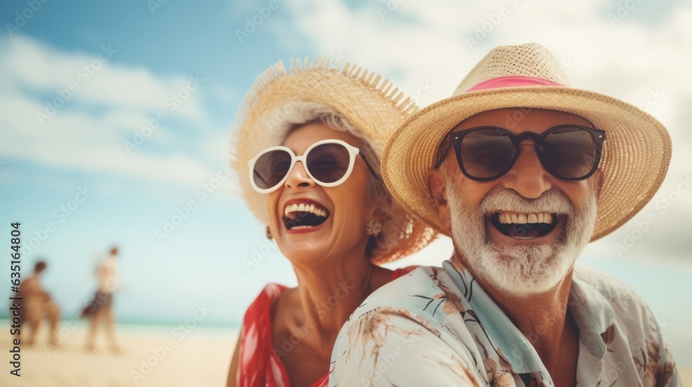 Happy seniors on vacay travelling on the beautiful of the beach , happy retirement concept.